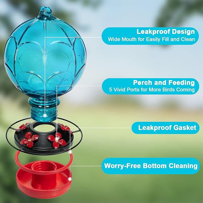 26 OZ Glass Hummingbird Feeder for Outdoors Hanging - Hand-Blown Hot Air Balloon Design - Leak-Proof & Ant Moat - Garden Decor Gift for Mom, Blue