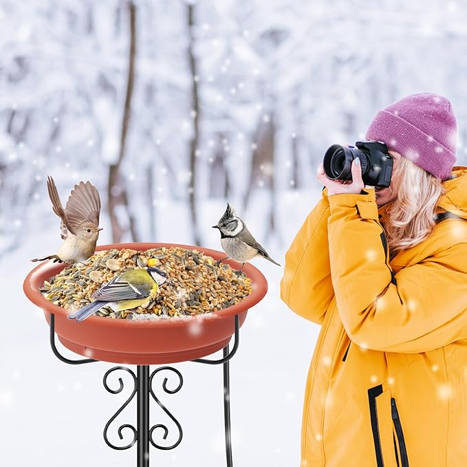 Heated Bird Baths for Outdoors,Large Capacity 100W Thermostat Control Heated Birdbath with 5-Prong Metal Base Water Heated Bird Bath Bowl for Outside Winter Garden Patio Yard Lawn(Brown)