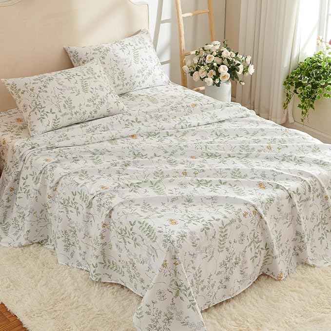 Botanical Bed Sheets Full Size 4 Piece Sheet Set, Sage Green Floral Shabby Chic Leaves Pattern Printed Coquette Aesthetic Bedding, Deep Pocket, Soft Microfiber