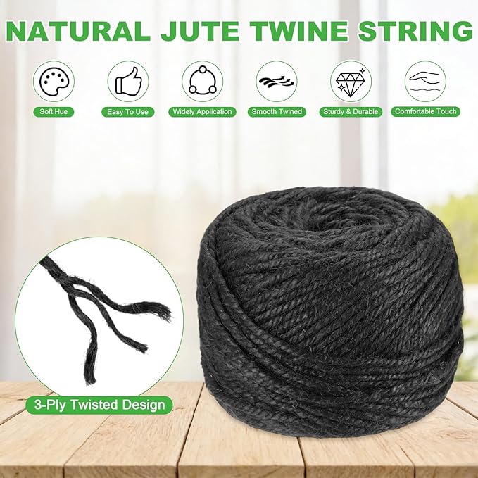 1-Pack Natural Jute Twine String, 3mm x 328ft/100m Long Garden Twine Balls for Crafts/Gift Wrapping/Gardening Plants, Durable Plant Ties Thick Rope [Black]