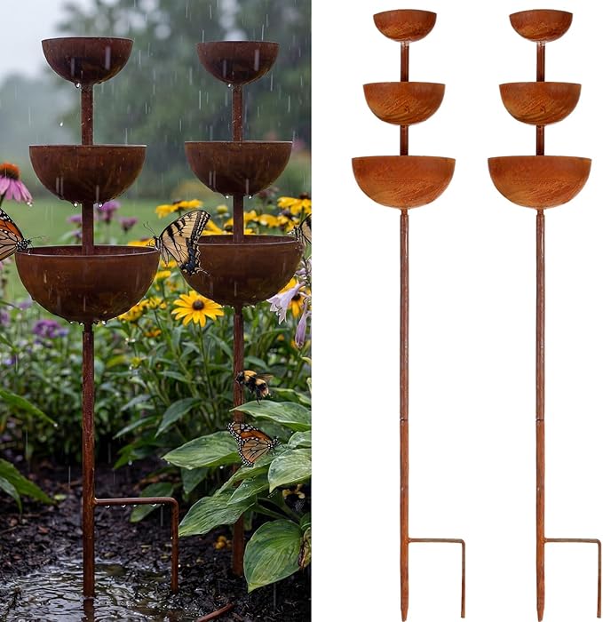 LemonRoad 2 Pack Bee Watering Station 3 Tiered Bowl Shaped Butterfly Water Feeder Small Insects Bathing Stand Rusty Metal Water Catcher Garden Stakes for Outdoor Garden Decor