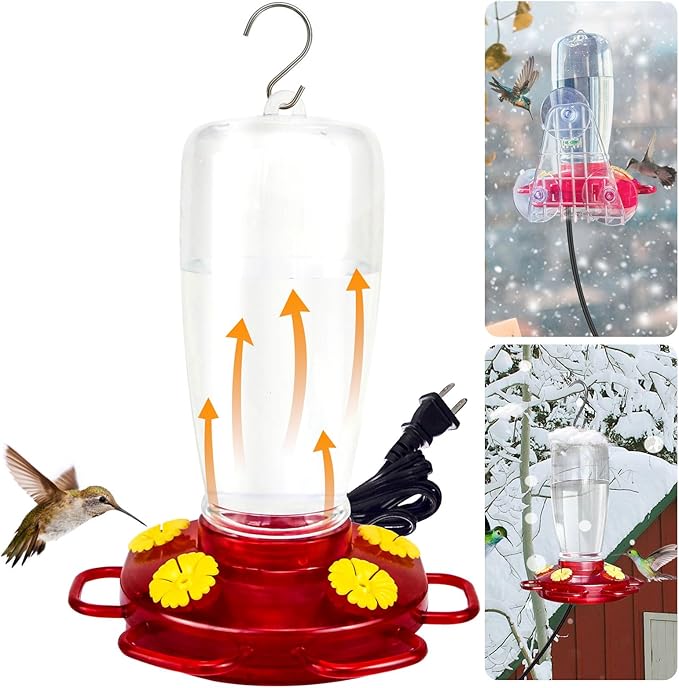 Heated Hummingbird Feeders for Winter Outdoors, 15oz Plastic Humming Bird Feeder for Winter with 4 Feeding Ports, Easy Cleaning and Filling Window Hummingbird Feeder with Suction Cup and Hook