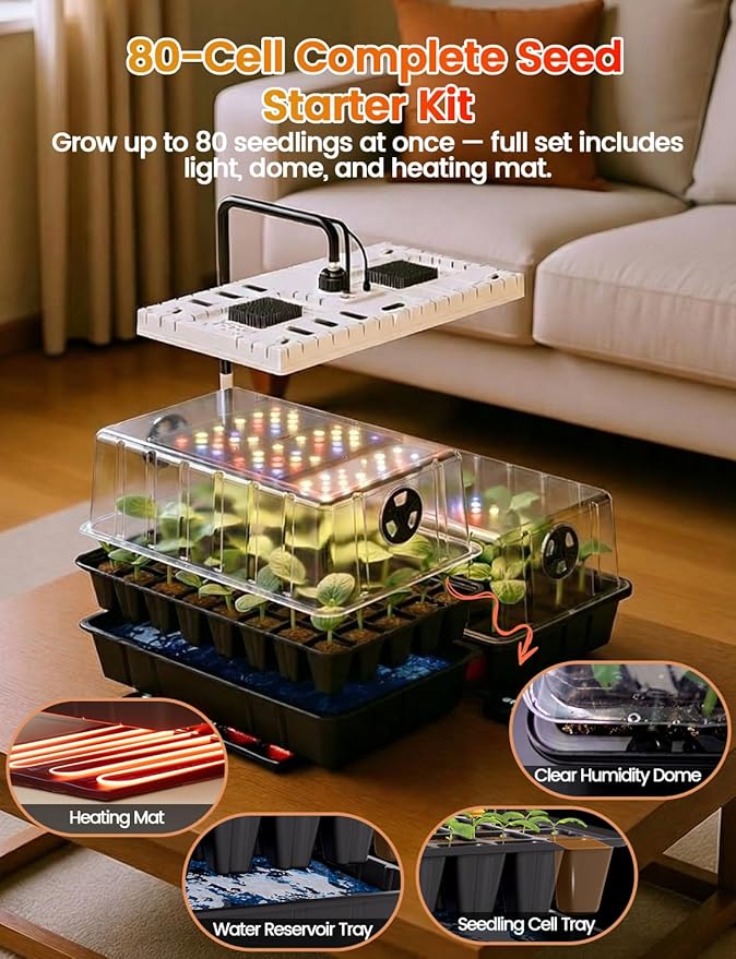 48W Full Spectrum LED Grow Light Seed Starter Kit, 80-Cell Tray with 30W Heating Mat & Adjustable Dome, Waterproof Germination System for Healthy Indoor Seedlings