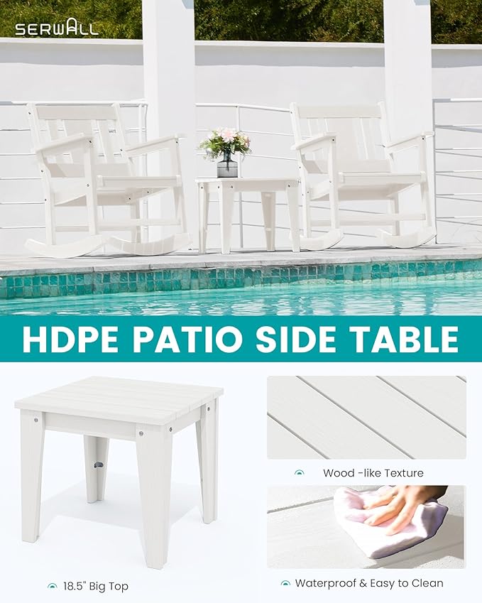 SERWALL Outdoor Rocking Chairs Set of 2 with Side Table, All-Weather HDPE 3 Piece Patio Furniture Set, Patio Bistro Set for for Porch Deck Lawn Balcony, White