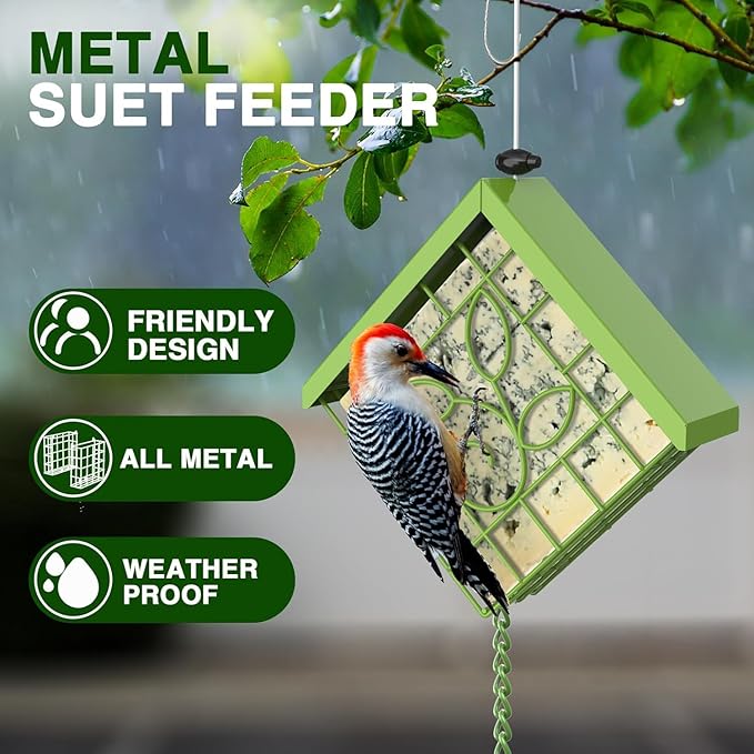 Suet Bird Feeder for Outside, Metal Suet Feeder for Outside Hanging, Single Suet Cake Capacity, Fruit and Suet Feeder Style for Outside Hanging(Green)
