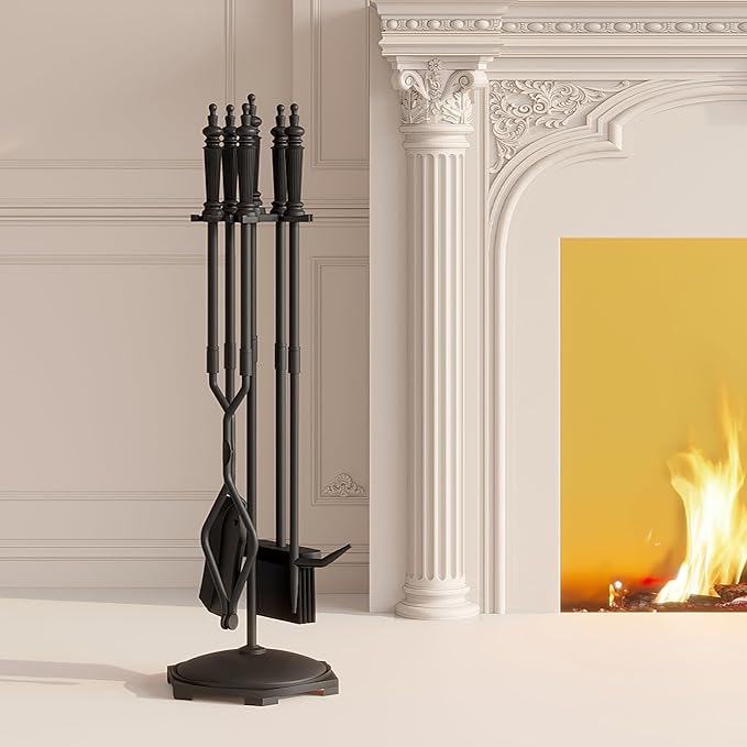 Kingson Fireplace Tools Set 5 Pieces Black Wrought Iron Fire Tool Set for Outdoor/Indoor Include Poker Shovel Brush Tongs and Stand Accessories Set