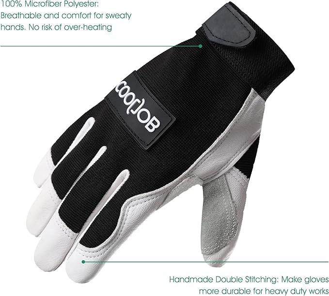 COOLJOB Leather Work Gloves with Grip, Thorn Proof, Heat Puncture Resistant Gloves for Gardening Welding Landscaping, White