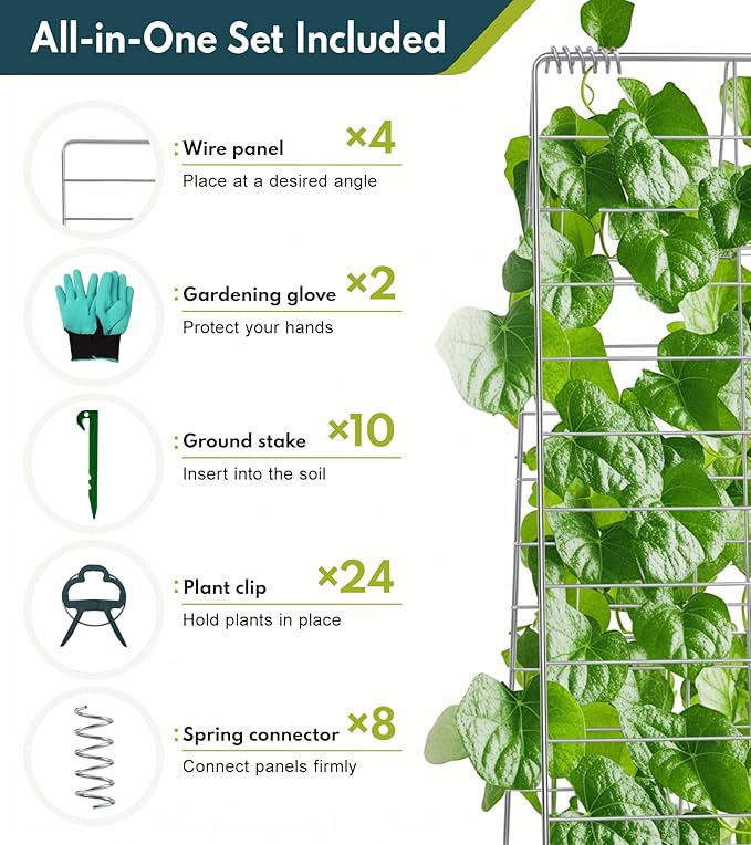 4 Panels Cucumber Trellis for Raised Bed, Rustproof A-Frame Garden Trellis, Foldable Trellis for Climbing Plants Outdoor with Accessories, Raised Bed Trellis for Climbing Plants Vegetables Fruits