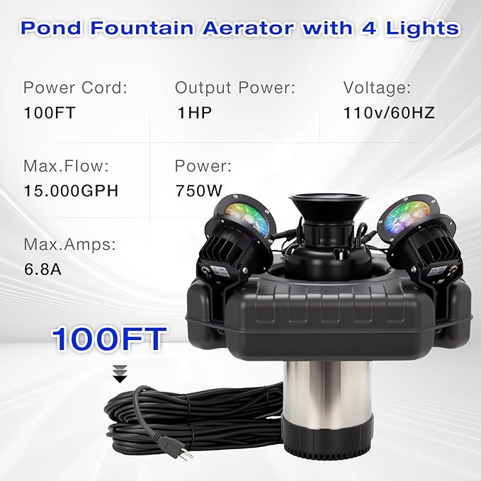 Stainless Steel Pond Fountain Aerator with 4 RGB Lights, Adjustable Light Color, Metal Floating Fountain Pump with 100FT Power Cord and Programmable Timer for Outdoor Large Ponds & Lakes