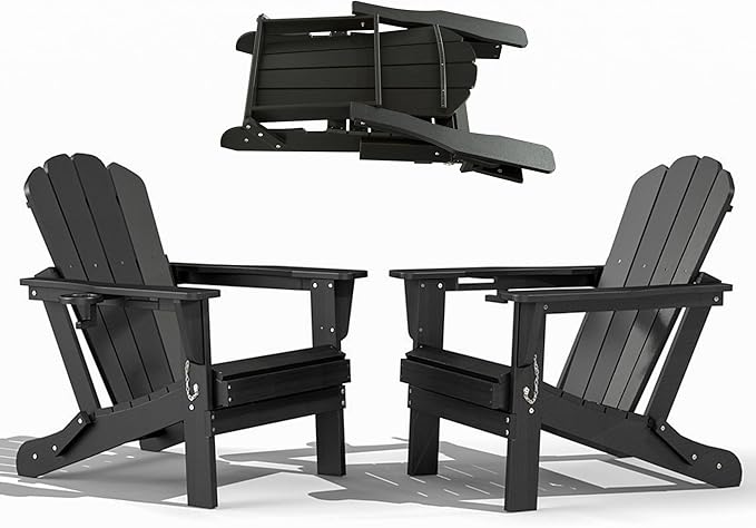 Domi Folding Adirondack Chairs Set of 2, HDPE All-Weather Outdoor Chairs with Cup Holder, Wooden Textured Fire Pit Chairs for Backyard, Patio, Poolside & Deck, Black