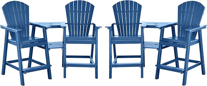 Tall Adirondack Chairs Set of 4, HDPE Balcony Chair with Double Connecting Tray, Weather Resistant Outdoor Adirondack Bar Stools for Patio, Deck, Patio, Backyard, Balcony. (Navy Blue)