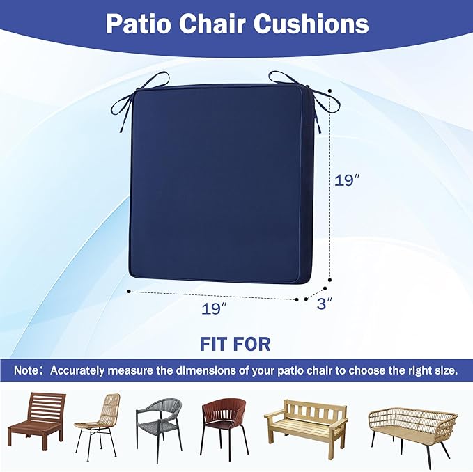 Patio Chair Cushions, 19" x 19" x 3" Outdoor Chair Cushions Set of 4, Waterproof Outdoor Cushions for Patio Furniture, Outdoors Seat Cushions Set of 4 with Handle and Ties, Navy Blue