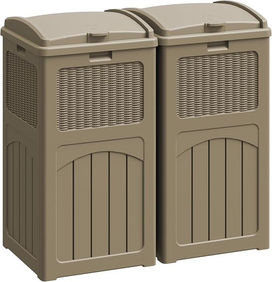 Greesum 33 Gallon Outdoor Trash Can with Lid, Waterproof Resin Garbage Bin for Hideaway, Patio, Deck, 2 Pack, Light Brown
