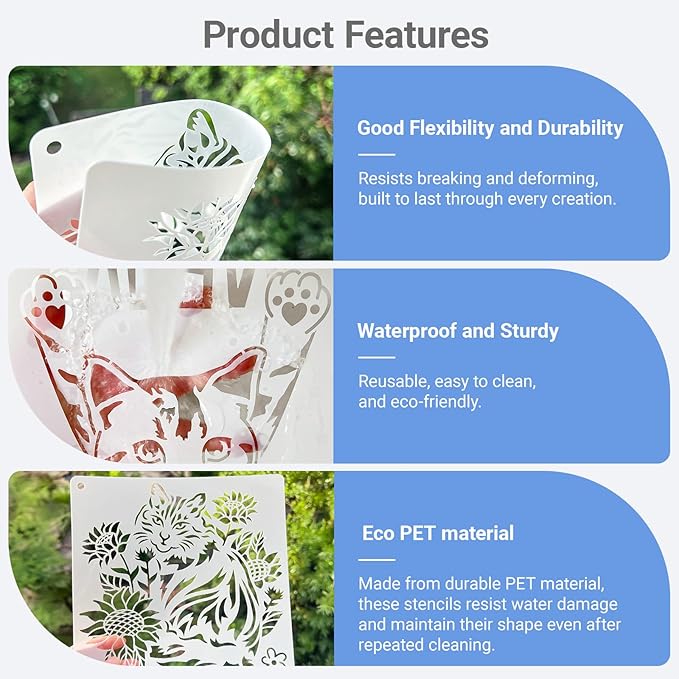 16 PCS Cat Stencils for Painting, Stencils for Crafts Reusable 8 x 8 Inch Quote Kitty Templates for Wood Signs Walls Canvas and Gifts for Cat Lovers
