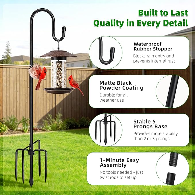 COCONUT 78" Heavy Duty Shepherds Hooks for Outdoor, Bird Feeder Pole with 5 Prong Base, Adjustable Height Shepherds Hook for Hummingbird Feeder, Bird Feeder, Plant, Wind Chimes, Lanterns (1 Pack)