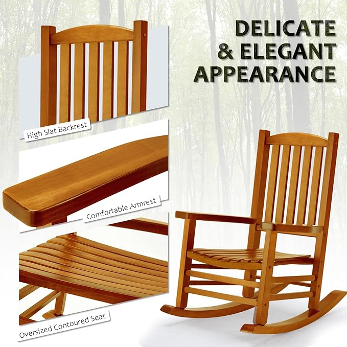 Wooden Oversized Porch Rocker Chair with High Back and Armrest, All Weather Slatted Rocker for Backyard, Garden, 400 lbs Support, Natural
