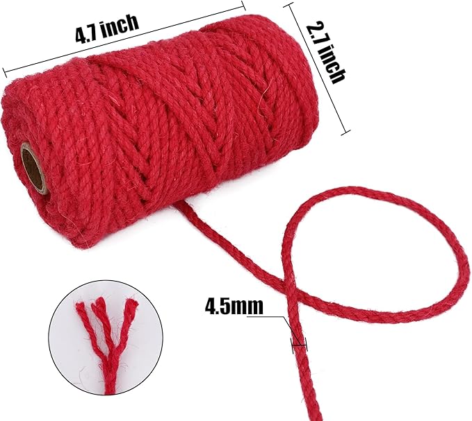 Leecogo 4.5mm Jute Rope 100 Feet Natural Craft Rope Twine String Perfect for Home Gardening Macrame Arts Crafts DIY Cat Scratching Post Replacement Repairing Recovering Cats Toy Making,Red