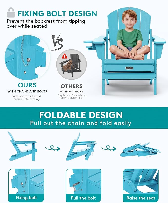 SERWALL Foldable Adirondack Chair Set of 4 for Patio Garden Outdoors- Aruba Blue
