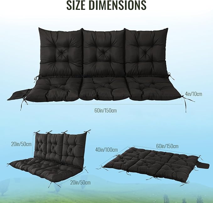 NACATIN 3 Seat Cushion for Outdoor Swing - 60x40 inches, 4" Thick Porch Swing Cushions with Ties and Storage Bag, Waterproof Bench Cushions for Patio, Outdoor, Backyard and Garden (Black)