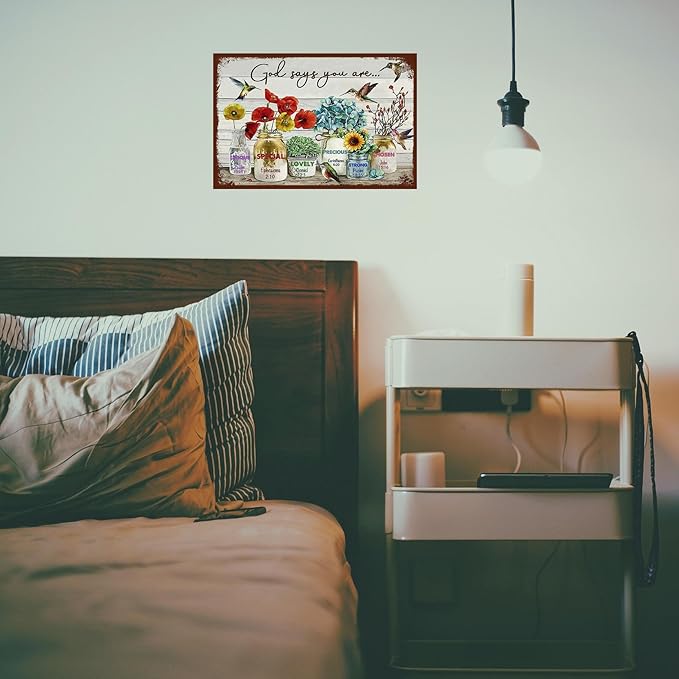 Flowers Metal Poster, Country Rustic Tin Sign, Birds God Says You are, Yard Garage Farm Outside Garden Wall Decor Plaque Outdoor for Home Fence 8 X 12 Inch
