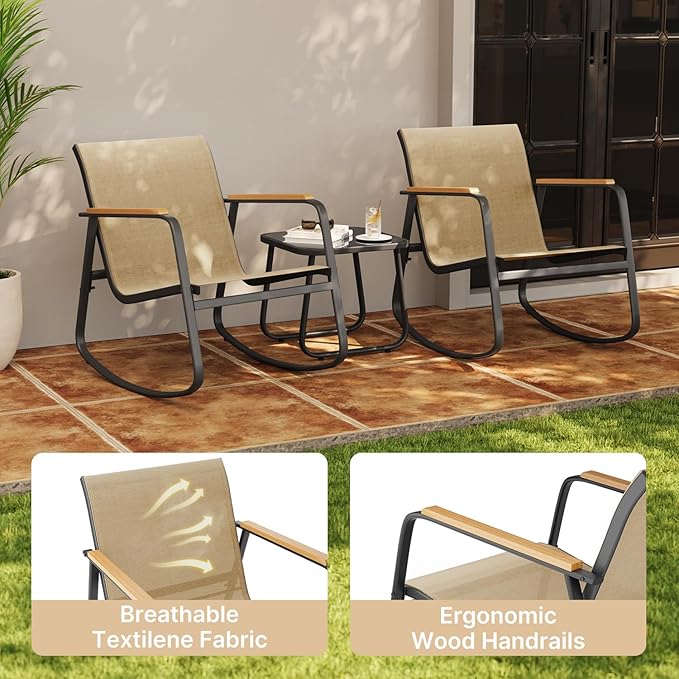 Aiho 3-Piece Patio Furniture Set, Outdoor Furniture with Textilene Fabric Rocker Chairs with Coffee Table, Patio Bistro Sets for Garden, Balcony, Poolside(Brown)