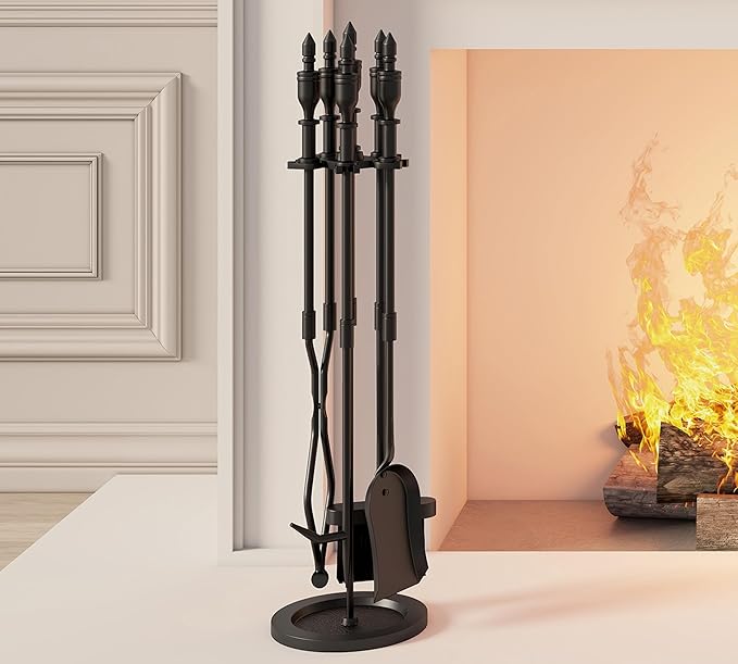 5-Piece Wrought Iron Fireplace Tools Set with Handles Indoor Fireplace Accessories for Modern Décor and Outdoor Fire Pits Includes Poker, Tongs, Shovel, Brush, and Wood Stove Hearth Stand