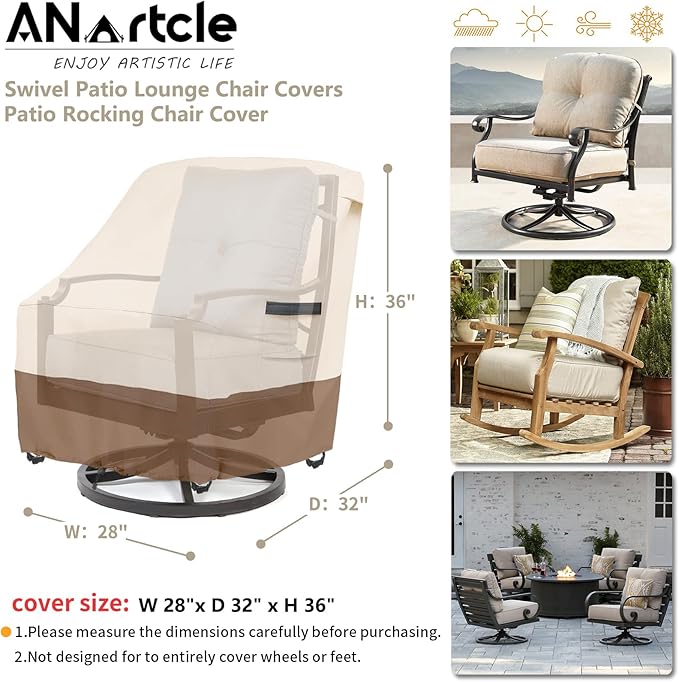 Outdoor Swivel Rocker Chair Cover 2 Pack,Patio Swivel Chair Covers for Outdoor Furniture(28W x 33D x 38.5H Inch),Rocking Chair Covers Waterproof,Beige&Brown.