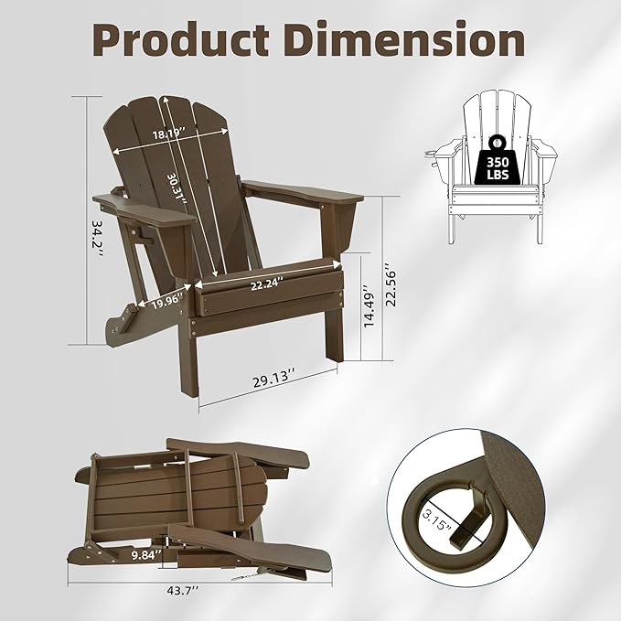 Domi Folding Adirondack Chairs Set of 4, HDPE All-Weather Outdoor Chairs with Cup Holder, Wooden Textured Fire Pit Chairs for Backyard, Patio, Poolside & Deck, Khaki