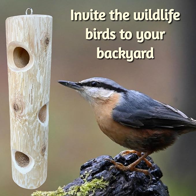 Natural Wood Log Feeder for Woodpeckers - 16 inch Outdoor Hanging Suet Feeder, Works with Suet Plugs, Balls and Cakes - Made In USA