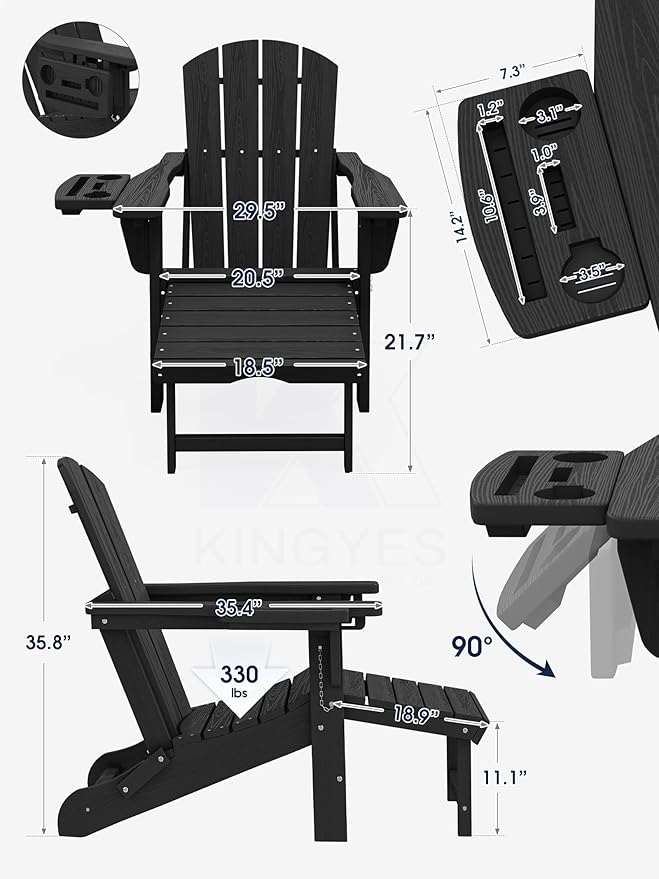 KINGYES Adjustable Folding Adirondack Chair with Footrest & 4-in-1 Multi-Functional Armrest Organizer, HDPE Foldable Recliner Adirondack Chair with Pull-Out Ottoman, Black