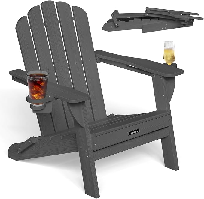 Folding Adirondack Chair, HDPE Adirondack Chair with 2 Cup-Holders, Outdoor Fire Pit Chairs for Poolside, Garden, Patio, Grey