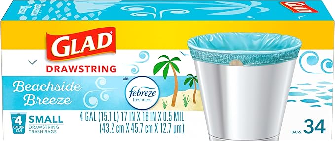 Glad Small Trash Bags 4 Gallon, Febreze Beachside Breeze Garbage Bags, Odor Resistant with Drawstring, 34 Count (Pack of 2)