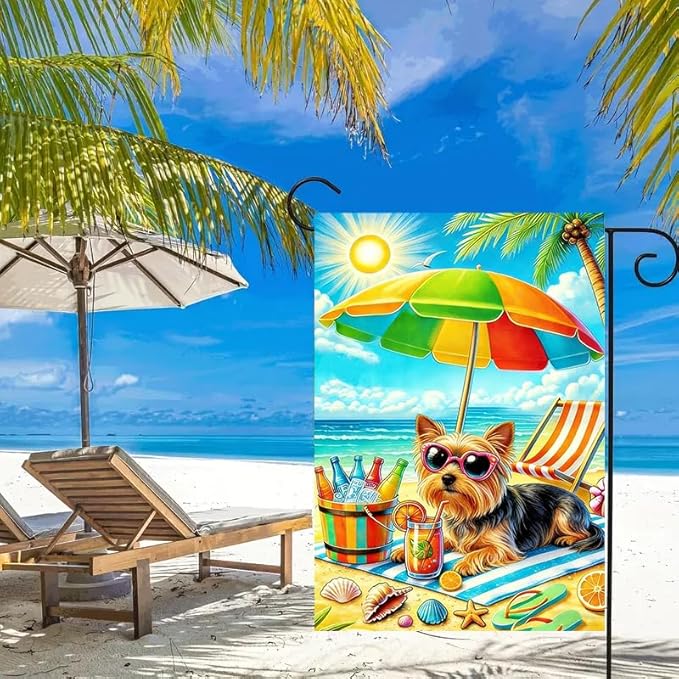 Summer Garden Flags for Outside 12x18 Double Sided, Burlap Beach Yorkie Dog Garden Flag Summer Coastal Decoration, Small Decorative Ocean Outdoor Yard Lawn Porch Flags