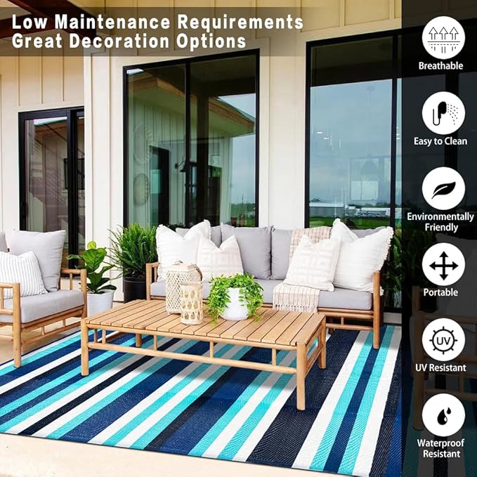 HUGEAR Outdoor Waterproof Rug 8'x10' Plastic Straw Rugs Washable Reversible Floor Mat Blue Stripe Carpet for Camping RV Deck Entryance Porch Picnic Balcony Beach Backyard