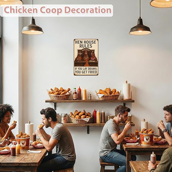 MAMAGIFTREE Chicken Coop/Kitchen Metal Sign Funny Christmas Gifts, “Hen House Rules - If You Lay Drama You Get Fried”, 8x12 Inches Vintage Tin Sign, Farmhouse Wall Decor, Gifts for Chicken Lovers