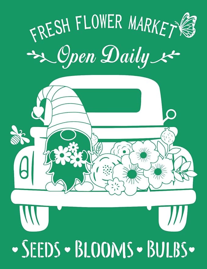 DGAGA Fresh Flowers Market Silk Screen Stencils Self Adhesive Screen Printing Stencil Reusable Truck Mesh Stencils Gnome Chalk Stencils for Chalk Paste Paint on Wood Signs, Fabric,DIY Garden Decor