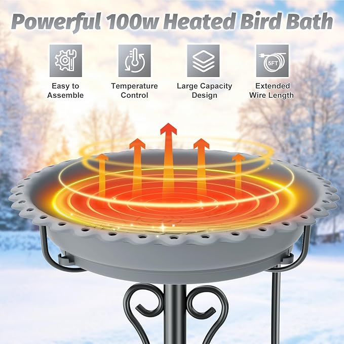 Heated Bird Bath for Outside Winter,100W Thermostat Control Birdbath Bowl with Metal 5-Prong Base,Freestanding Heated Bird Baths for Outdoors Garden Patio Yard Lawn (Gray)