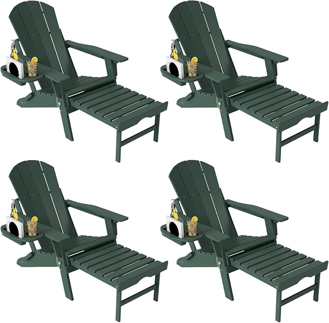 Adjustable Adirondack Chair with Retractable Ottoman Set of 4, HDPE Folding Adirondack Chair with Cup Holder, All Weather Fire Pit Chair for Outdoor, Dark Green