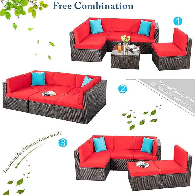 Vongrasig 7 Piece Patio Furniture Sets with 45 Inch Fire Pit Table All Weather PE Wicker Rattan Outdoor Sectional Sofa Couch Conversation Set w/Glass Table for Lawn, Garden, Backyard (Red)