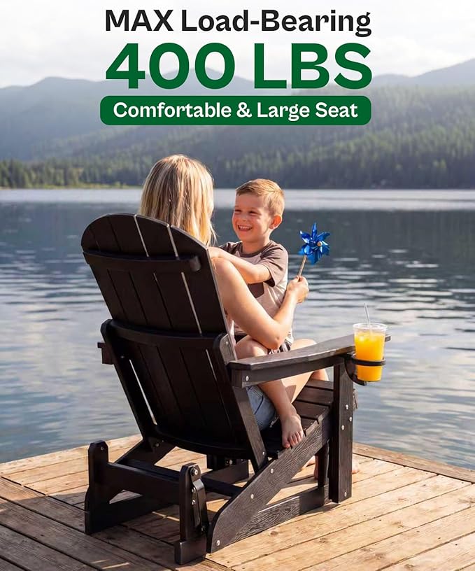 3-Position Adjustable Adirondack Chair with Cup Holder Set of 6, HDPE All-Weather Outdoor Glider Chair, Wood-Grain Fire Pit Chairs for Pool, Yard, Deck (Black)
