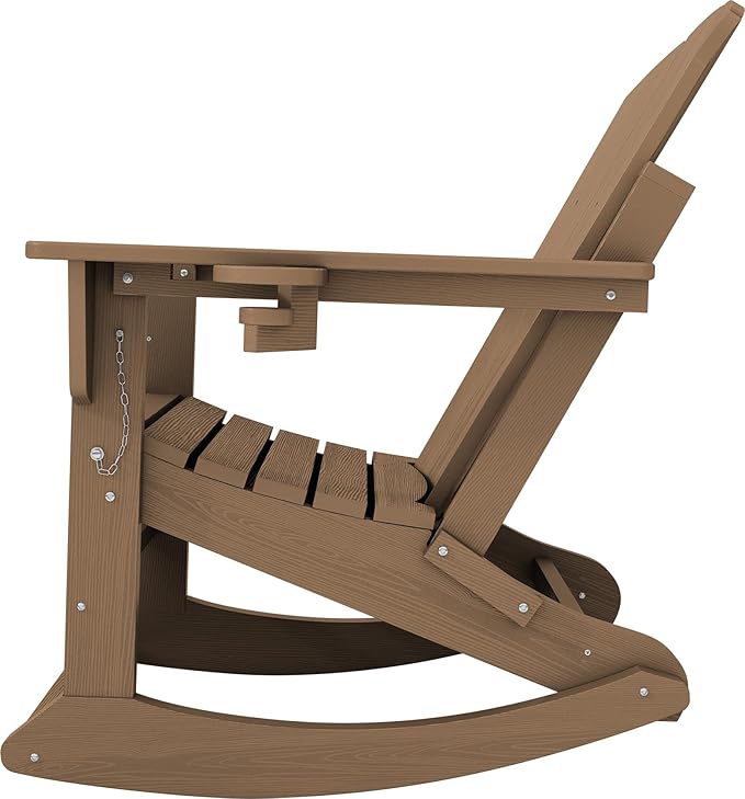KINGYES Adirondack Rocking Chair Set of 2 with Retractable Ottoman and Cup Holders, HDPE Adirondack Rocker Patio Rocking Chair for Porch, Patio, Balcony, Brown