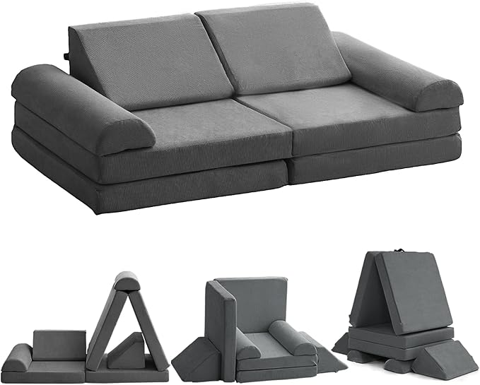 jela Kids Couch Safety Certified Play Couch Soft Kids Sofa with Machine Washable Cover Thick Foam Fort Building Set for Playroom Indoor 57x28x18 Inch (Corduroy, Darkgrey)