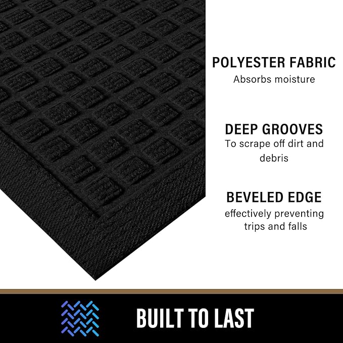 PLEASOR Front Door Mat Indoor Outdoor Entrance, Dirt Resistant and Absorbent Doormat, Sturdy Non-Slip Backing Entry Mat, Fade Resistant, Easy Clean Low-Profile Entryway Mat, 36x24, Black