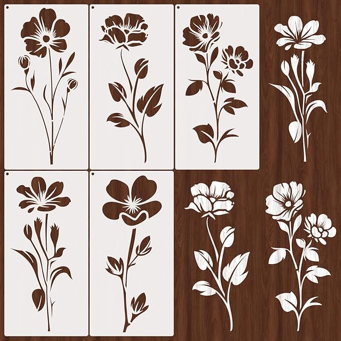 7"x14" Large Flower Stencils for Painting on Walls, Reusable 5PCS Flower Stencil for Garden Fence, Floral Stencil Kit for Wood Fabrics Furniture