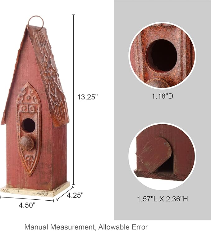 Glitzhome Bird Houses for Outside, Hand Painted Distressed Wooden Bird House for Outdoors, 13.25" H Hanging Birdhouse Bluebird House for Hummingbird,Sparrow,Wren Finch
