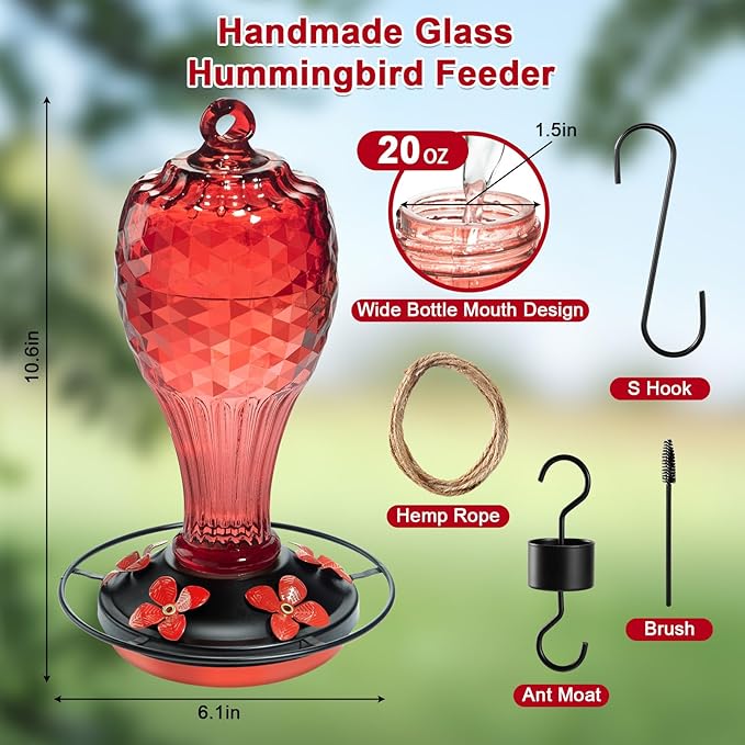 20 OZ Glass Hummingbird Feeders for Outdoors Hanging - Hand-Blown Vibrant Red Reflective Fish-Scale Design - Attracts More Hummingbirds - Leak-Proof Silicone Seal & Ant Moat - Gift for Mom