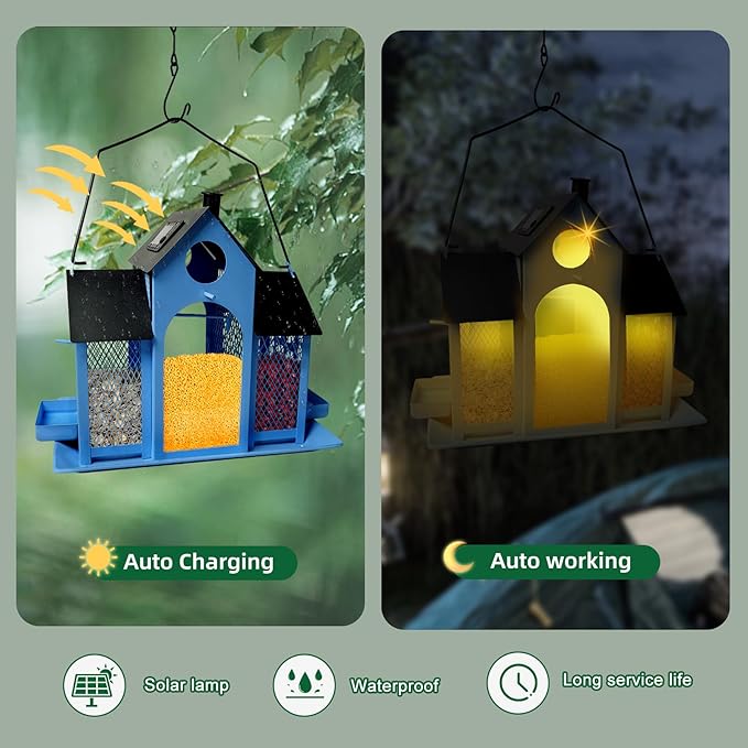 Solar Bird Feeder House for Outside Hanging, Large Capacity Birdhouse Bird Feeders Hanging for Outdoors, Metal Mesh Wild Birdfeeder for Finch Cardinal (Blue and Black)
