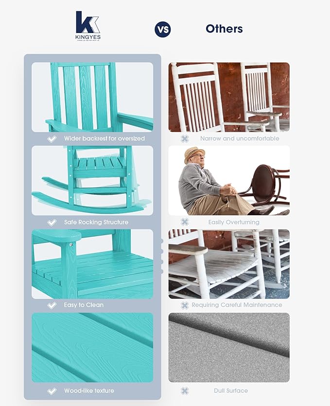 KINGYES Outdoor Rocking Chair, All-Weather Patio Rocking Chairs for Porch, HDPE Rocking Outdoor Chairs with High Back for Adult, Heavy Duty Outdoor Patio Rockers for Garden, Lawn, Aruba