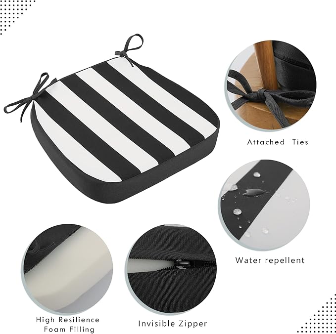 idee-home Outdoor Chair Cushions Set of 2, 17" x 17" x 3" Thick D-Shaped Patio Furniture Outdoor Seat Cushions Waterproof with Ties, Dining Pads