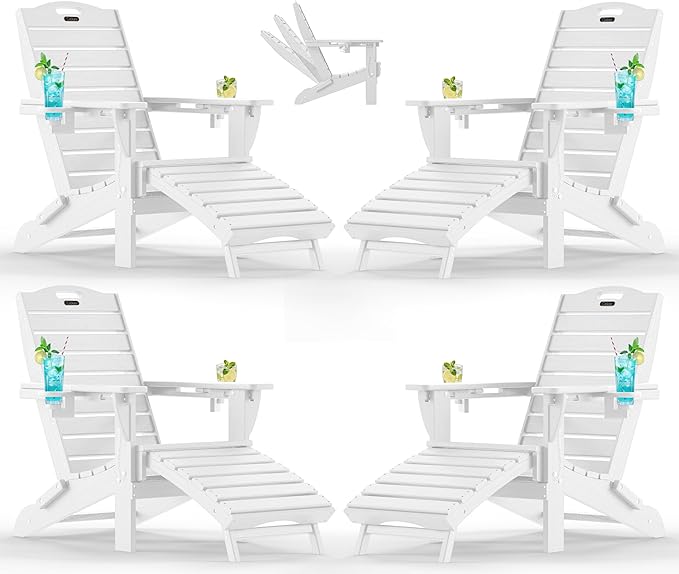 Ciokea Folding Adirondack Chair Set of 4 with Retractable Ottoman Fire Pit Patio Chair with Pull Out Foot Rest Weather Resistant Lawn Outdoor Chair with 2 Cup Holder (White)